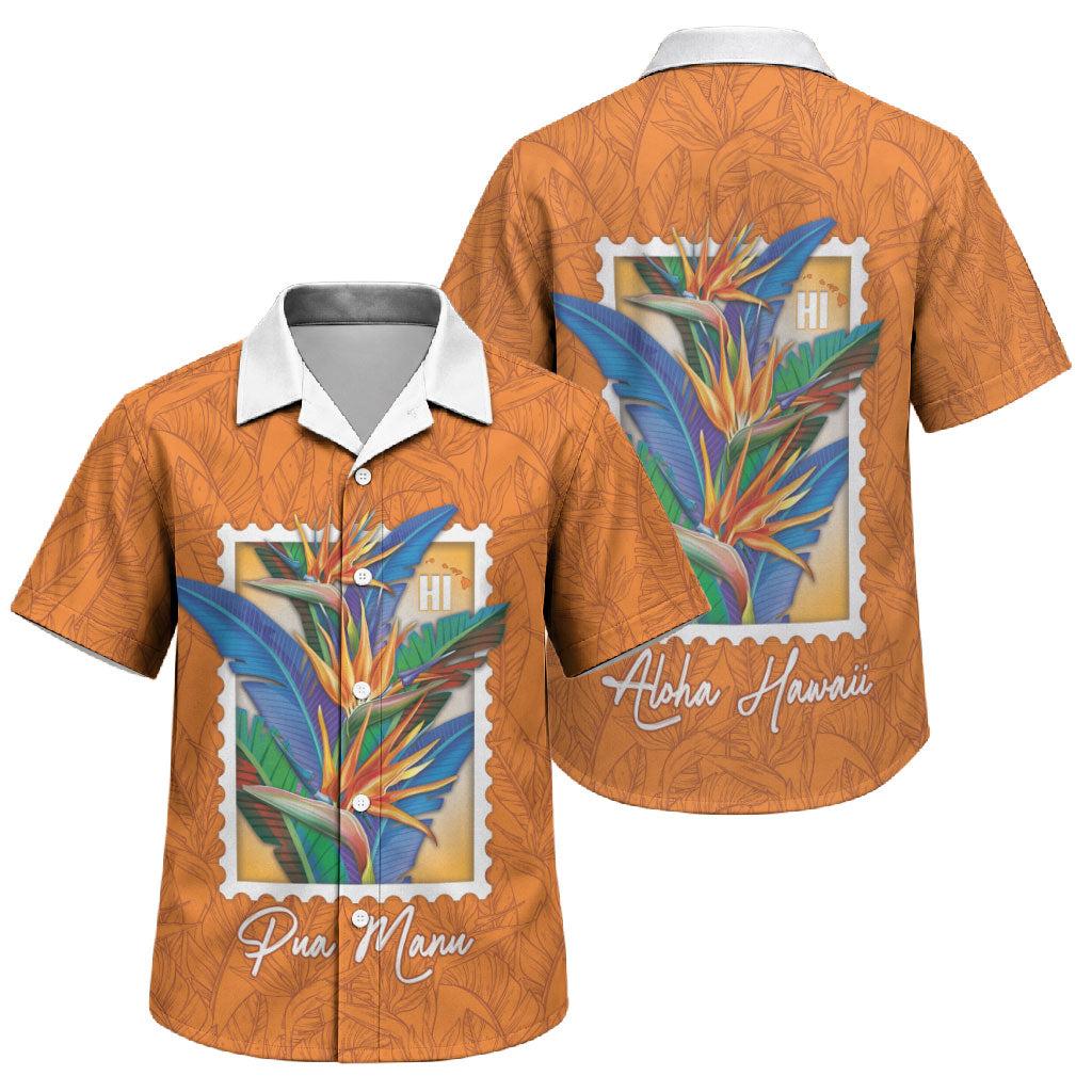 Aloha Hawaii Pua Manu Family Matching Off The Shoulder Long Sleeve Dress and Hawaiian Shirt Hawaiian Bird of Paradise Flowers Stylized Stamp LT14 Son's Shirt Orange - Polynesian Pride