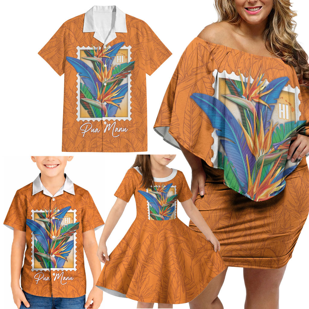 Aloha Hawaii Pua Manu Family Matching Off Shoulder Short Dress and Hawaiian Shirt Hawaiian Bird of Paradise Flowers Stylized Stamp LT14 - Polynesian Pride