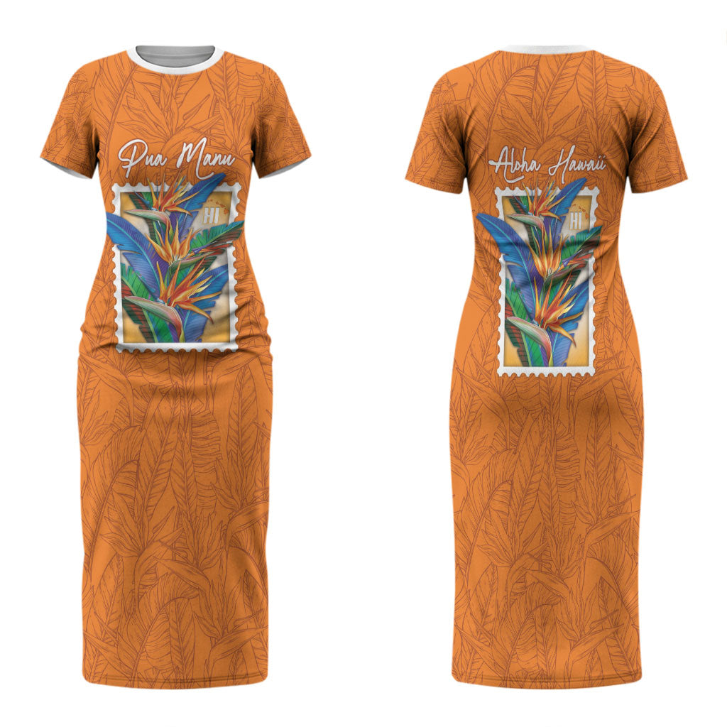 Aloha Hawaii Pua Manu Family Matching Short Sleeve Bodycon Dress and Hawaiian Shirt Hawaiian Bird of Paradise Flowers Stylized Stamp LT14 Mom's Dress Orange - Polynesian Pride