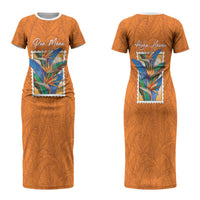 Aloha Hawaii Pua Manu Family Matching Short Sleeve Bodycon Dress and Hawaiian Shirt Hawaiian Bird of Paradise Flowers Stylized Stamp LT14 Mom's Dress Orange - Polynesian Pride