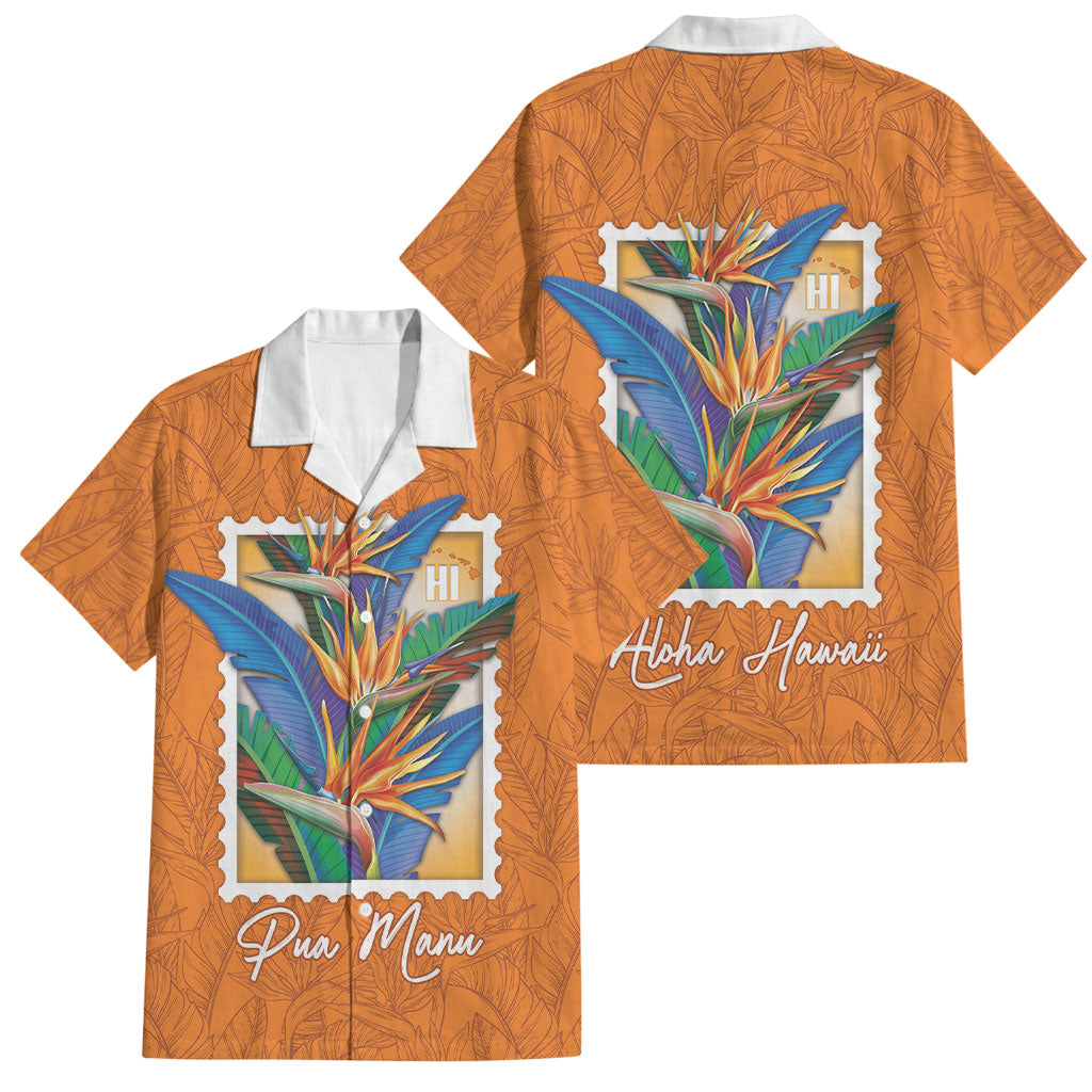 Aloha Hawaii Pua Manu Family Matching Short Sleeve Bodycon Dress and Hawaiian Shirt Hawaiian Bird of Paradise Flowers Stylized Stamp LT14 Dad's Shirt - Short Sleeve Orange - Polynesian Pride