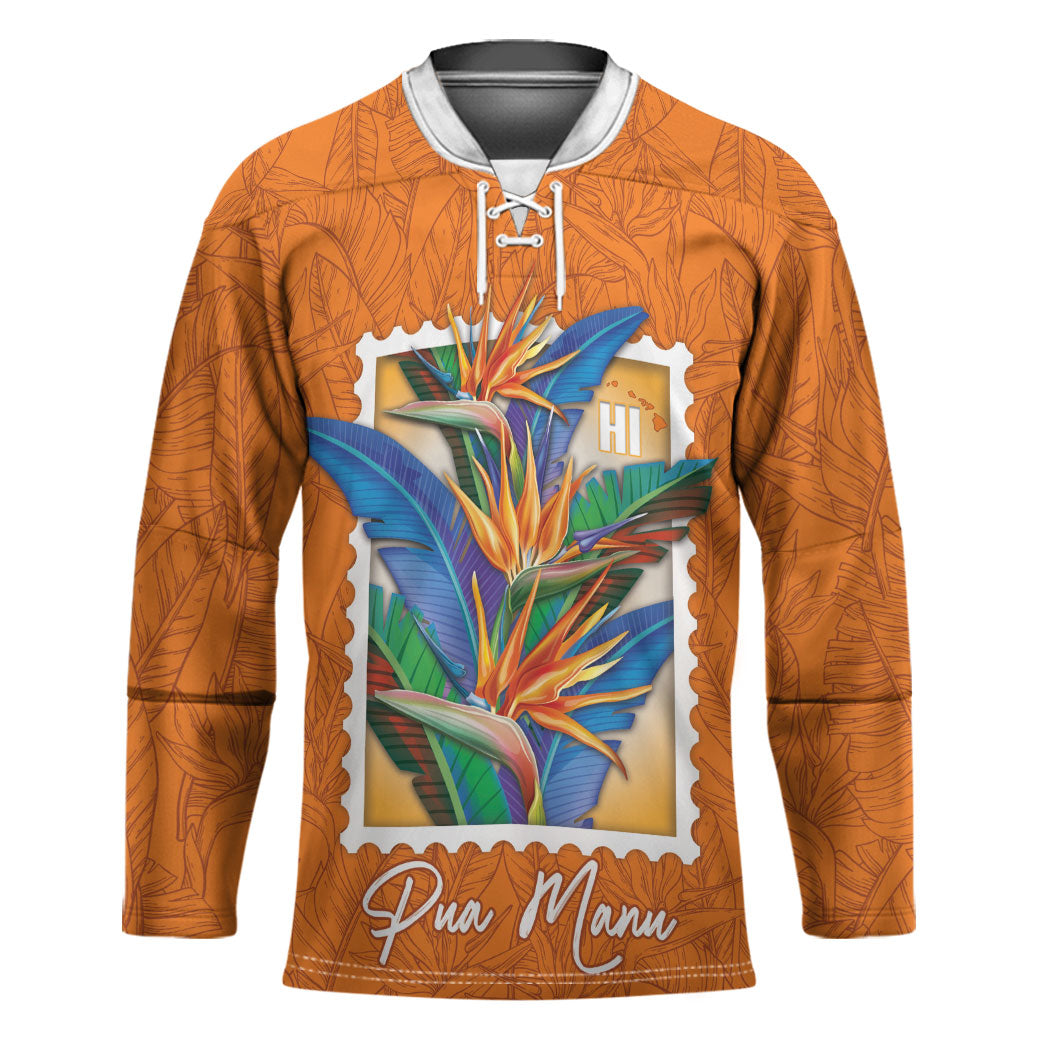 Aloha Hawaii Pua Manu Hockey Jersey Hawaiian Bird of Paradise Flowers Stylized Stamp LT14 Unisex Orange - Polynesian Pride