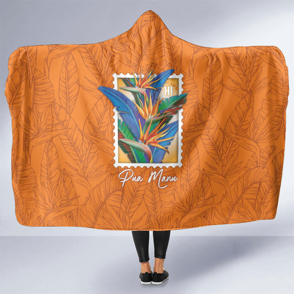 Aloha Hawaii Pua Manu Hooded Blanket Hawaiian Bird of Paradise Flowers Stylized Stamp LT14 One Size Orange - Polynesian Pride