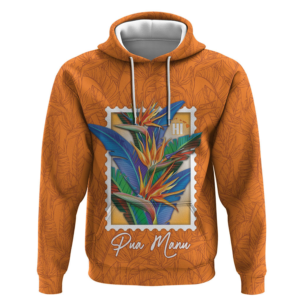 Aloha Hawaii Pua Manu Hoodie Hawaiian Bird of Paradise Flowers Stylized Stamp LT14 Pullover Hoodie Orange - Polynesian Pride