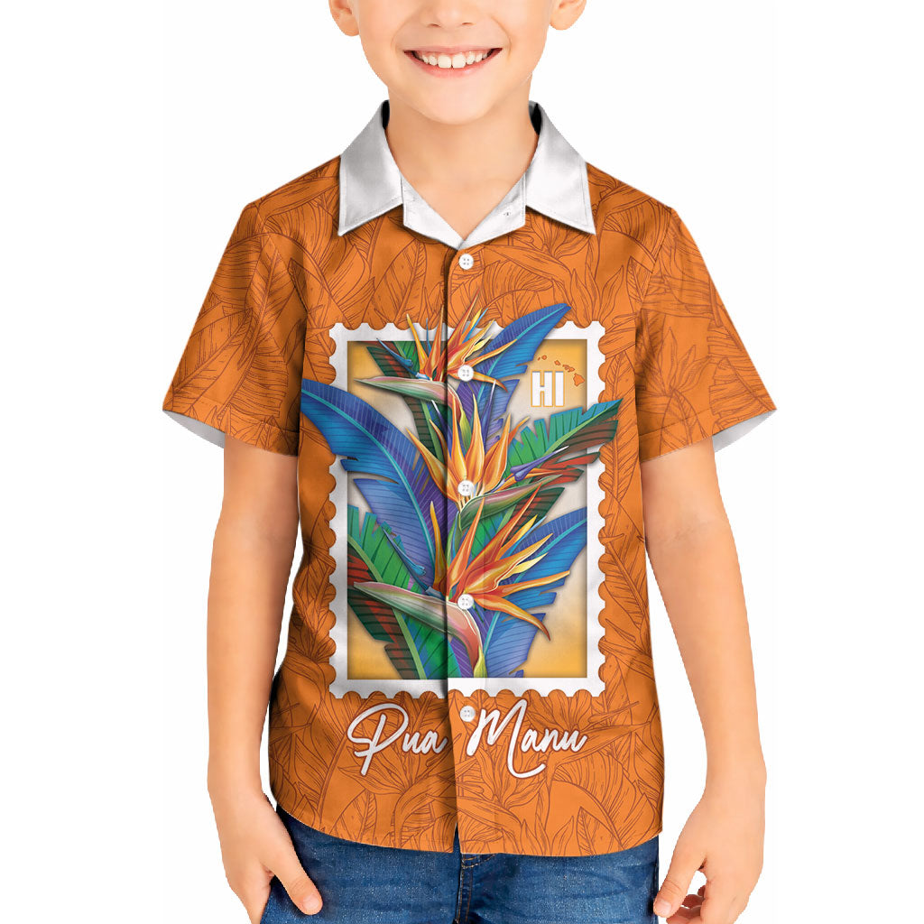 Aloha Hawaii Pua Manu Kid Hawaiian Shirt Hawaiian Bird of Paradise Flowers Stylized Stamp