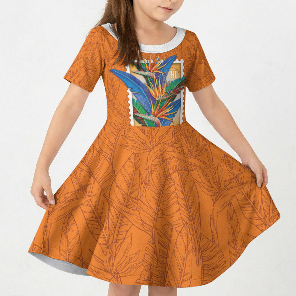 Aloha Hawaii Pua Manu Kid Short Sleeve Dress Hawaiian Bird of Paradise Flowers Stylized Stamp LT14 KID Orange - Polynesian Pride