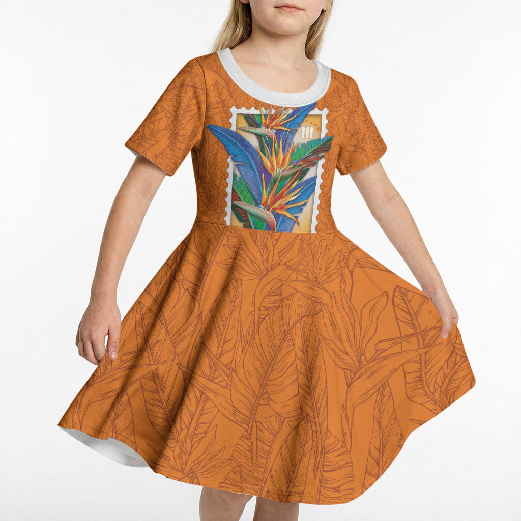 Aloha Hawaii Pua Manu Kid Short Sleeve Dress Hawaiian Bird of Paradise Flowers Stylized Stamp LT14 - Polynesian Pride