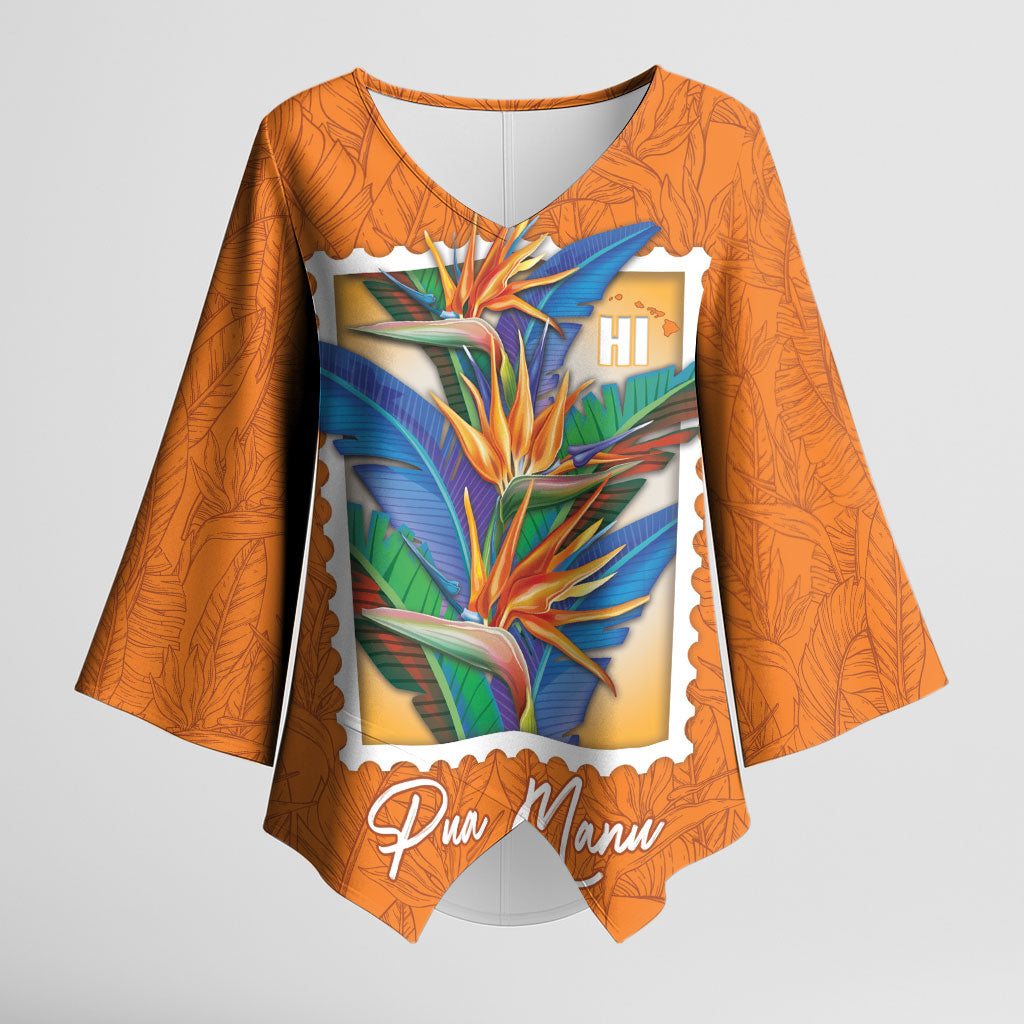 Aloha Hawaii Pua Manu Kimono Sleeve Blouse Hawaiian Bird of Paradise Flowers Stylized Stamp LT14 Female Orange - Polynesian Pride
