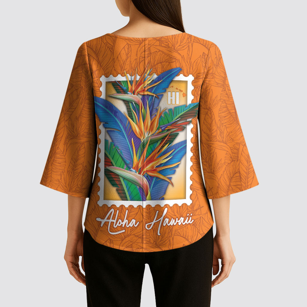 Aloha Hawaii Pua Manu Kimono Sleeve Blouse Hawaiian Bird of Paradise Flowers Stylized Stamp LT14 - Polynesian Pride