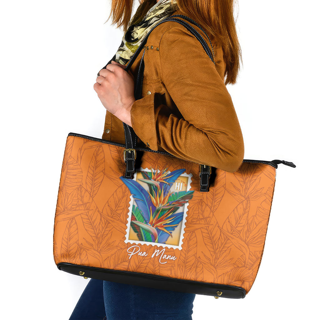 Aloha Hawaii Pua Manu Leather Tote Bag Hawaiian Bird of Paradise Flowers Stylized Stamp LT14 Orange - Polynesian Pride