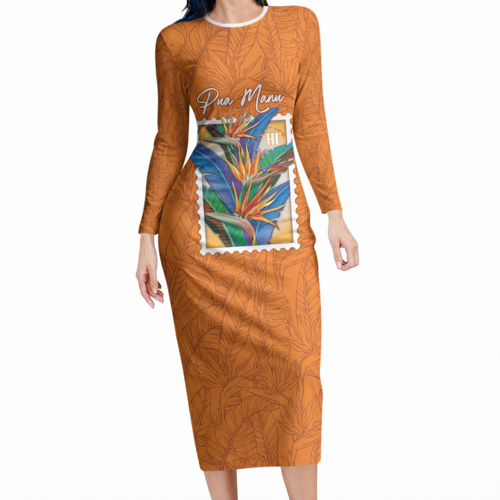 Aloha Hawaii Pua Manu Long Sleeve Bodycon Dress Hawaiian Bird of Paradise Flowers Stylized Stamp