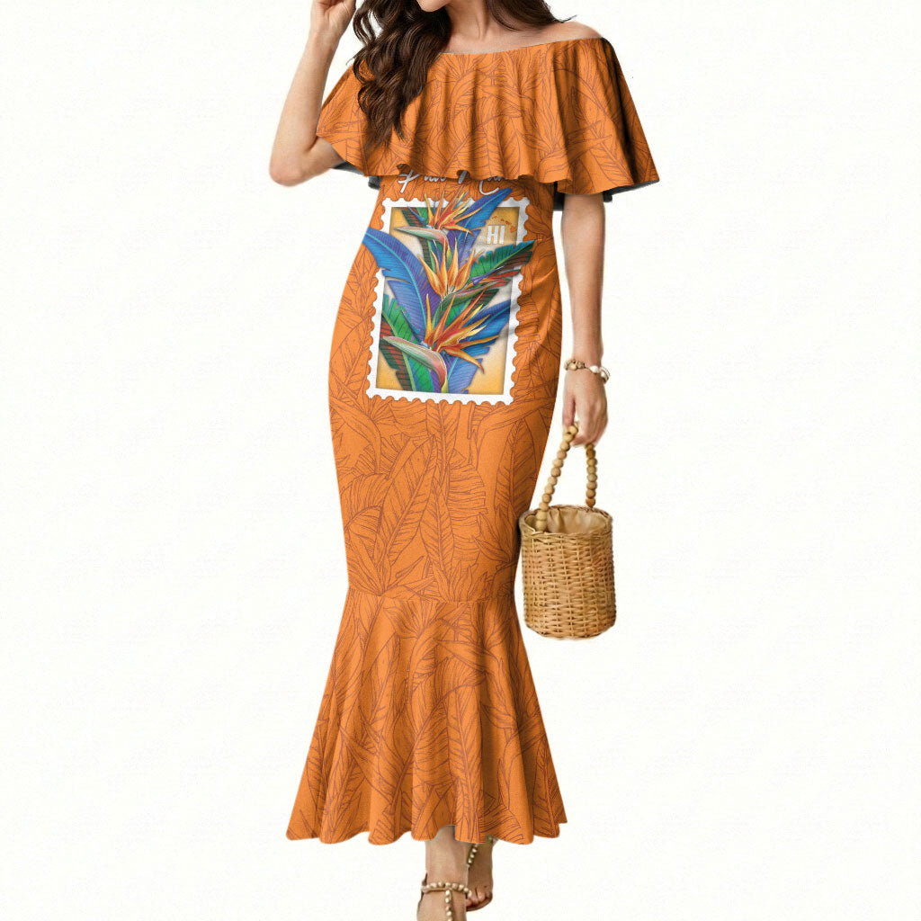 Aloha Hawaii Pua Manu Mermaid Dress Hawaiian Bird of Paradise Flowers Stylized Stamp LT14 Women Orange - Polynesian Pride