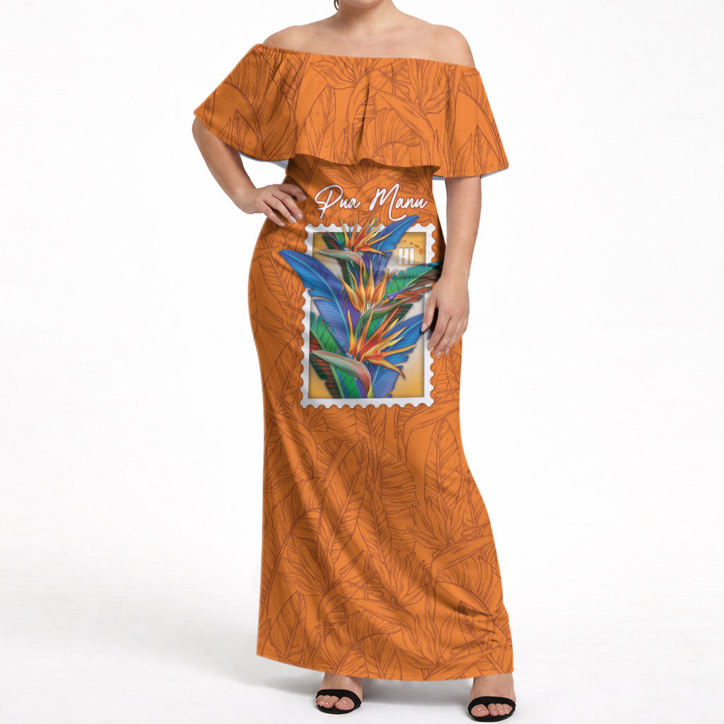 Aloha Hawaii Pua Manu Off Shoulder Maxi Dress Hawaiian Bird of Paradise Flowers Stylized Stamp LT14 Women Orange - Polynesian Pride