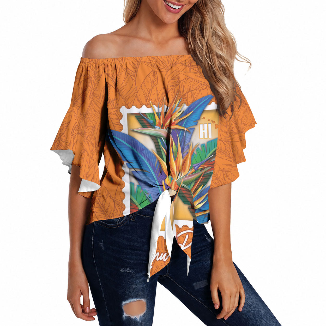 Aloha Hawaii Pua Manu Off Shoulder Wrap Waist Top Hawaiian Bird of Paradise Flowers Stylized Stamp LT14 Orange - Polynesian Pride