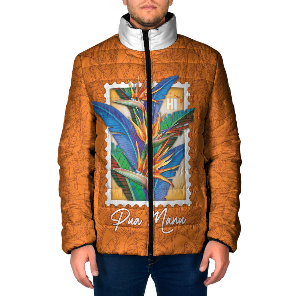 Aloha Hawaii Pua Manu Padded Jacket Hawaiian Bird of Paradise Flowers Stylized Stamp LT14 Men Orange - Polynesian Pride
