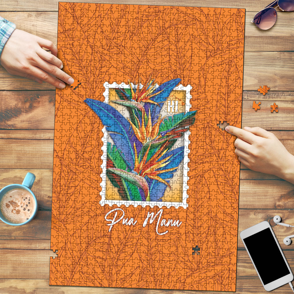 Aloha Hawaii Pua Manu Puzzle Hawaiian Bird of Paradise Flowers Stylized Stamp LT14 Orange - Polynesian Pride