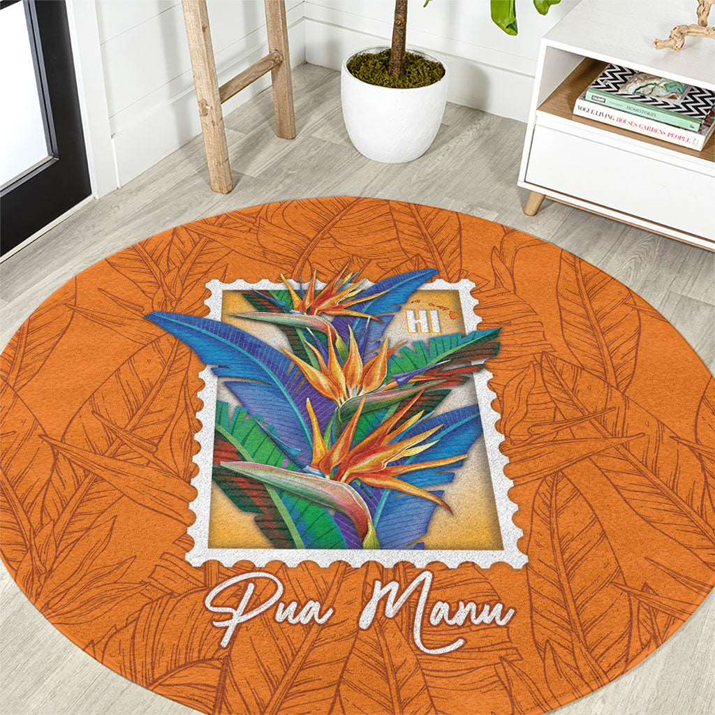 Aloha Hawaii Pua Manu Round Carpet Hawaiian Bird of Paradise Flowers Stylized Stamp LT14 Orange - Polynesian Pride
