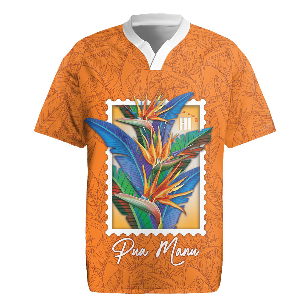 Aloha Hawaii Pua Manu Rugby Jersey Hawaiian Bird of Paradise Flowers Stylized Stamp LT14 Orange - Polynesian Pride