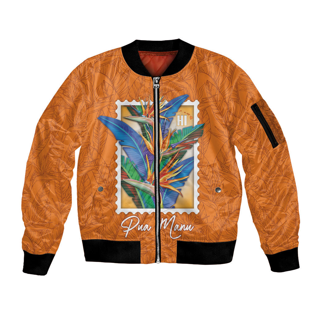 Aloha Hawaii Pua Manu Sleeve Zip Bomber Jacket Hawaiian Bird of Paradise Flowers Stylized Stamp LT14 Unisex Orange - Polynesian Pride