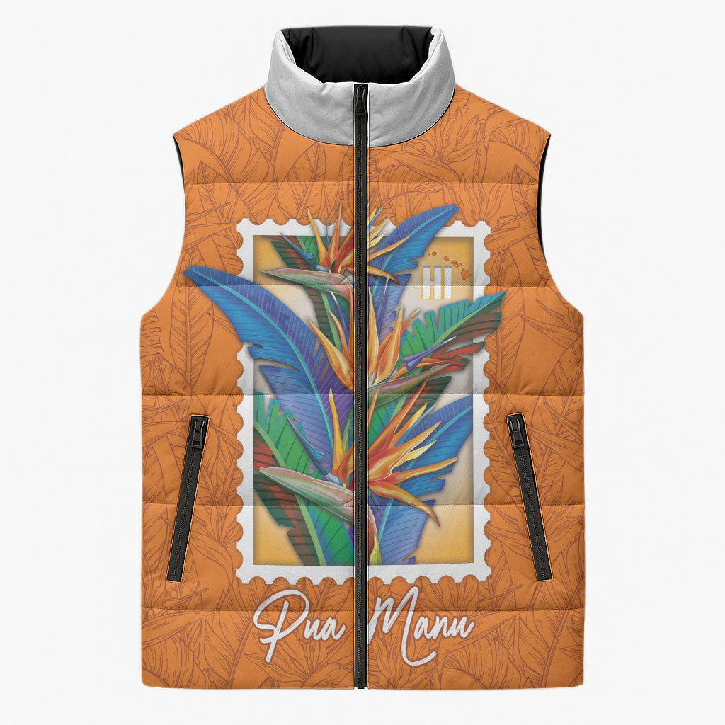Aloha Hawaii Pua Manu Sleeveless Puffer Jacket Hawaiian Bird of Paradise Flowers Stylized Stamp LT14 Unisex Orange - Polynesian Pride