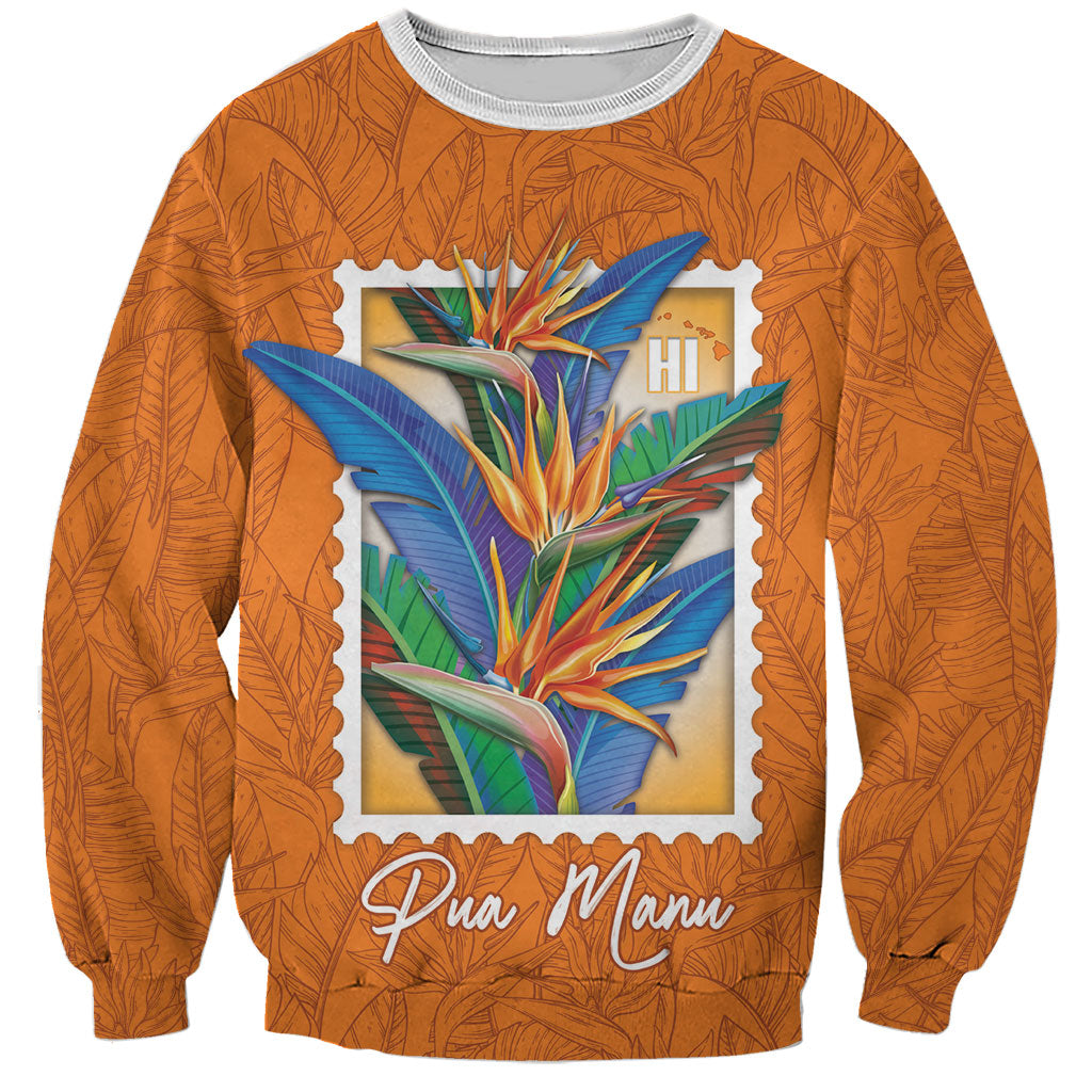 Aloha Hawaii Pua Manu Sweatshirt Hawaiian Bird of Paradise Flowers Stylized Stamp