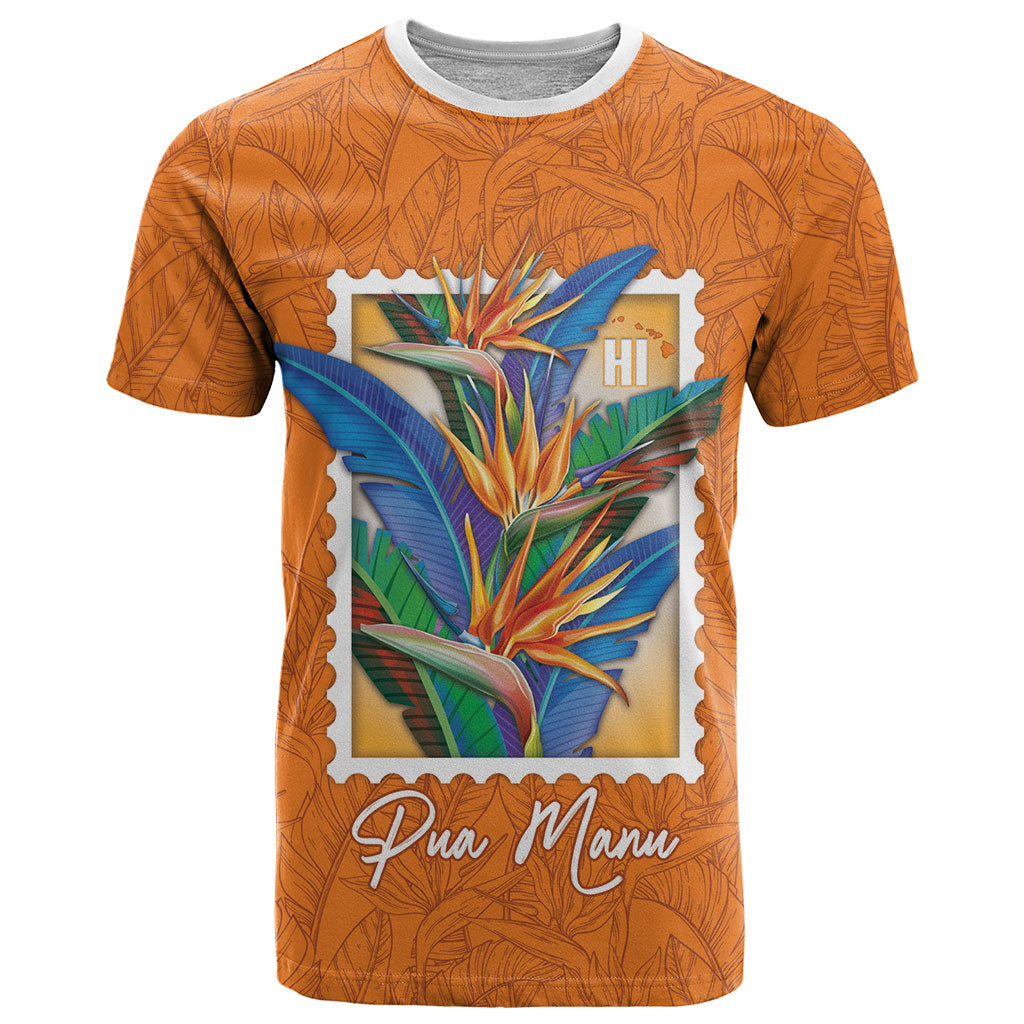 Aloha Hawaii Pua Manu T Shirt Hawaiian Bird of Paradise Flowers Stylized Stamp LT14 Orange - Polynesian Pride