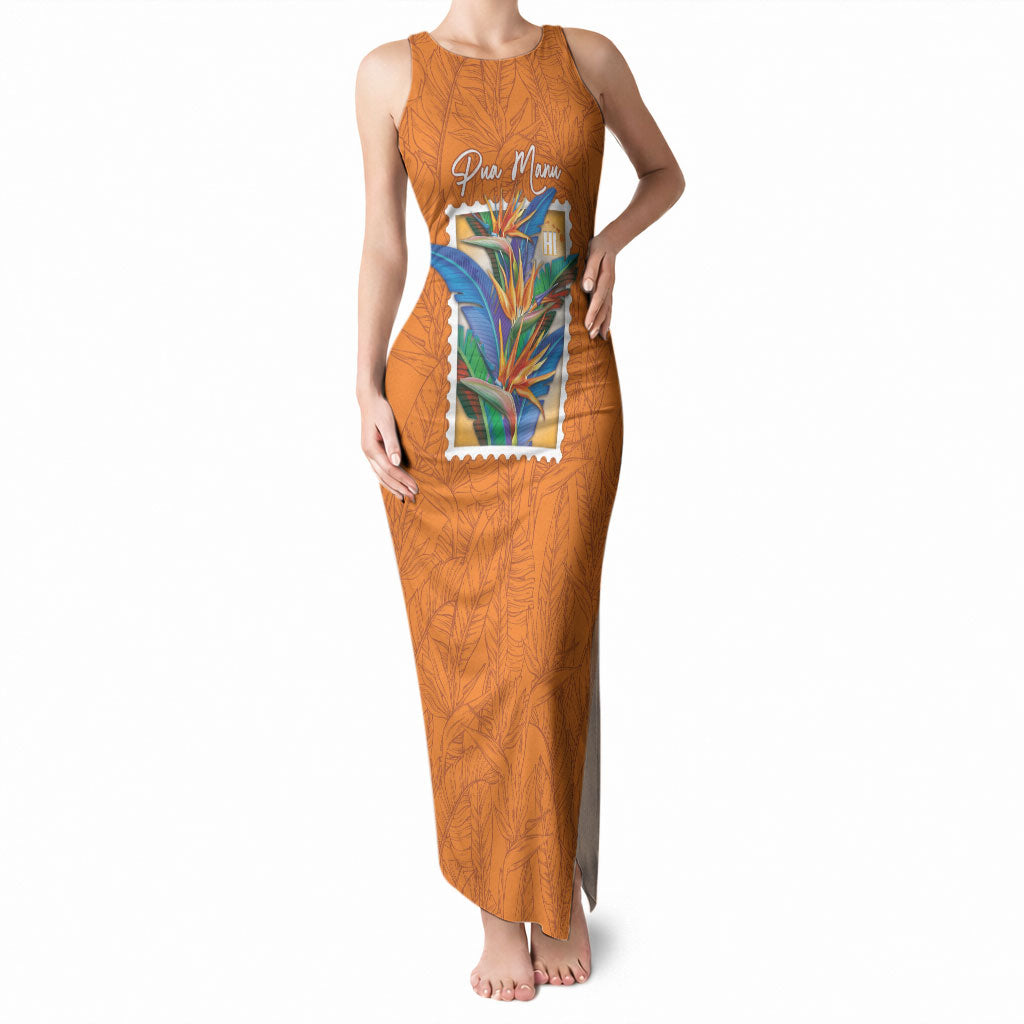 Aloha Hawaii Pua Manu Tank Maxi Dress Hawaiian Bird of Paradise Flowers Stylized Stamp LT14 Women Orange - Polynesian Pride