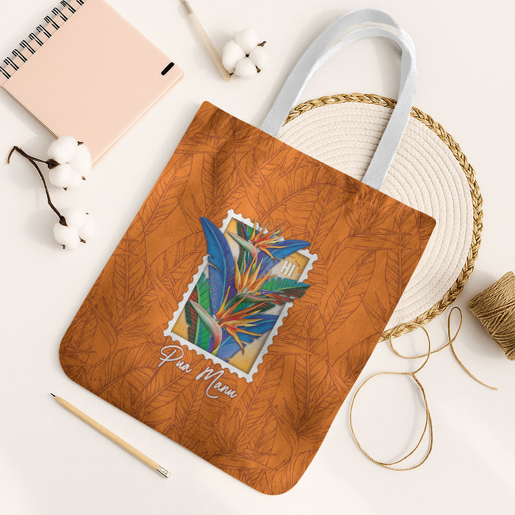 Aloha Hawaii Pua Manu Tote Bag Hawaiian Bird of Paradise Flowers Stylized Stamp LT14 White Strap One Size Orange - Polynesian Pride