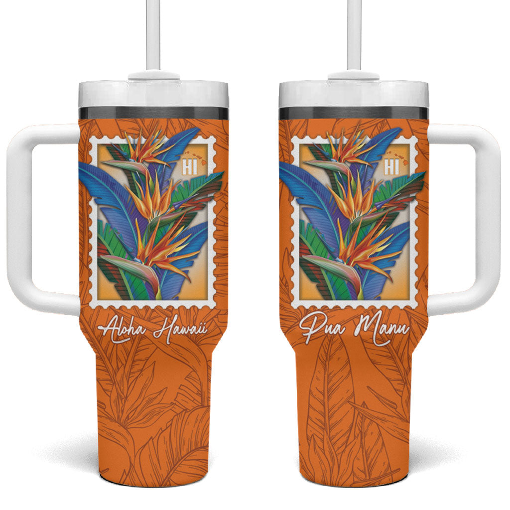 Aloha Hawaii Pua Manu Tumbler With Handle Hawaiian Bird of Paradise Flowers Stylized Stamp LT14 One Size: 40 oz Orange - Polynesian Pride