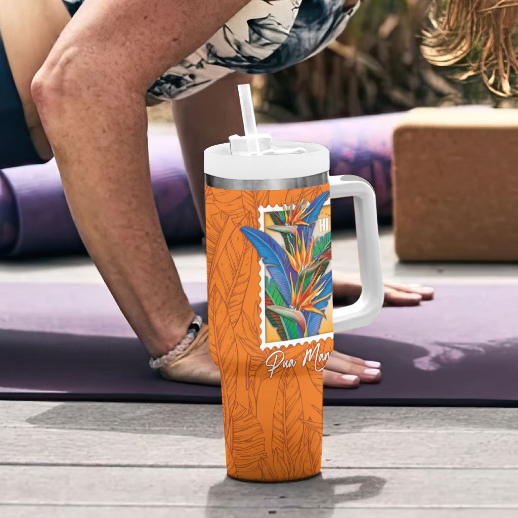 Aloha Hawaii Pua Manu Tumbler With Handle Hawaiian Bird of Paradise Flowers Stylized Stamp LT14 - Polynesian Pride