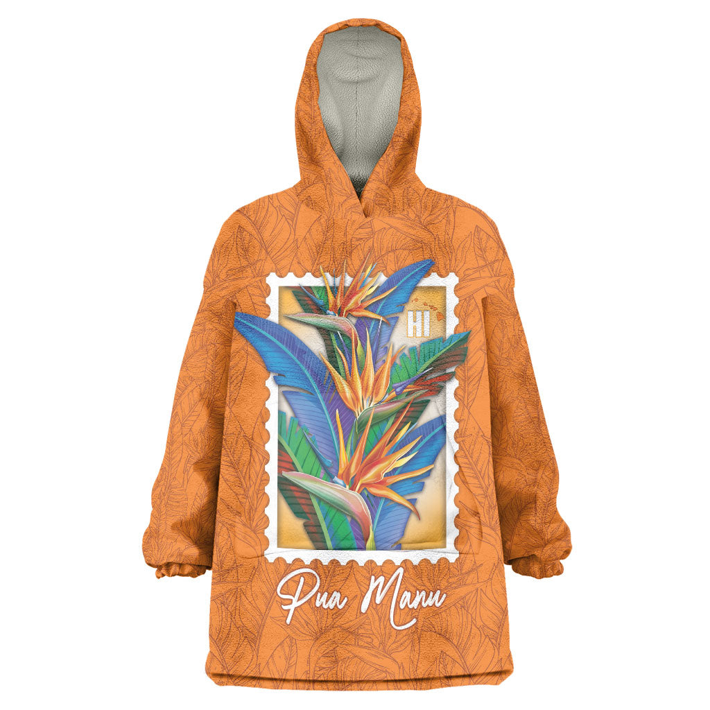 Aloha Hawaii Pua Manu Wearable Blanket Hoodie Hawaiian Bird of Paradise Flowers Stylized Stamp LT14 One Size Orange - Polynesian Pride