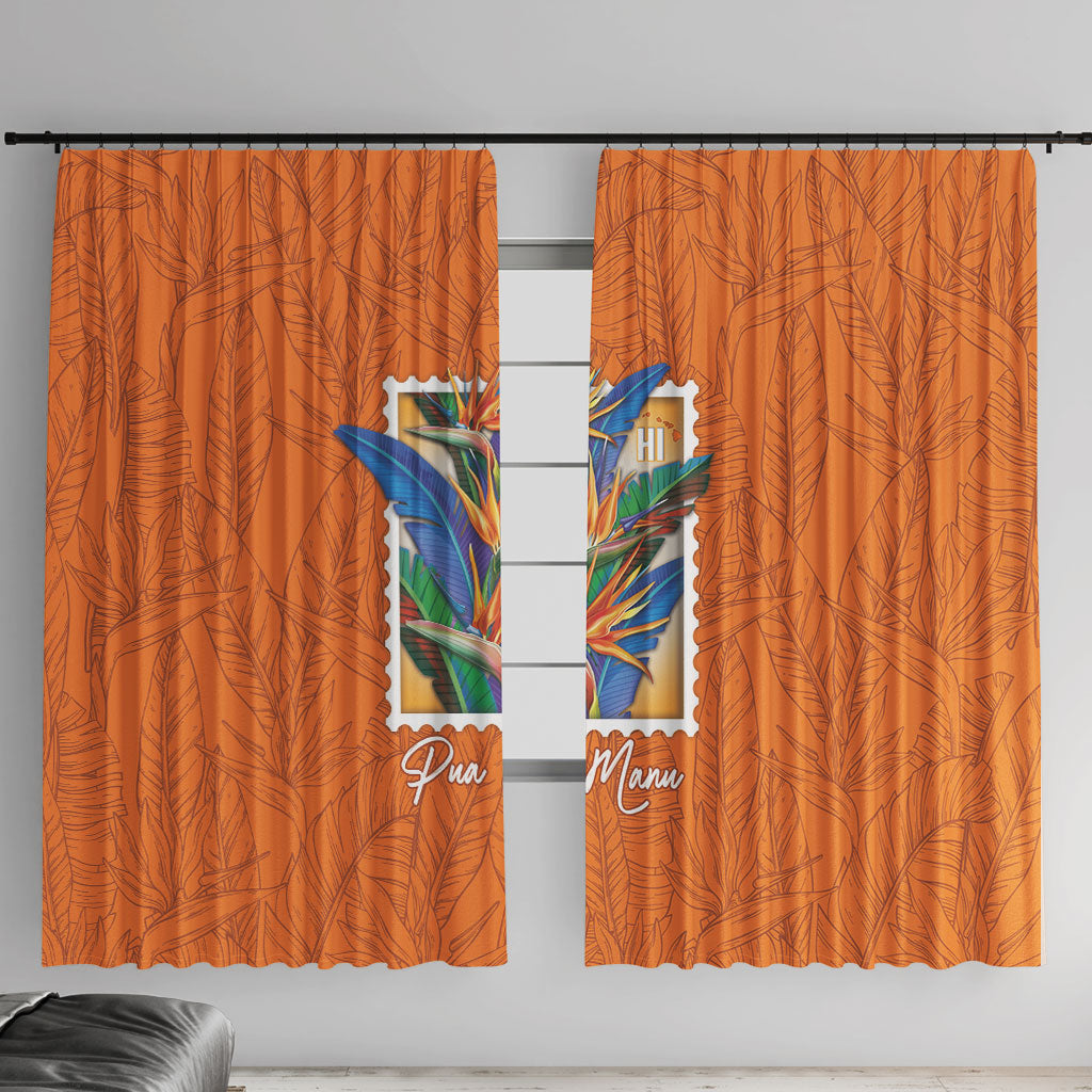 Aloha Hawaii Pua Manu Window Curtain Hawaiian Bird of Paradise Flowers Stylized Stamp LT14 With Hooks Orange - Polynesian Pride