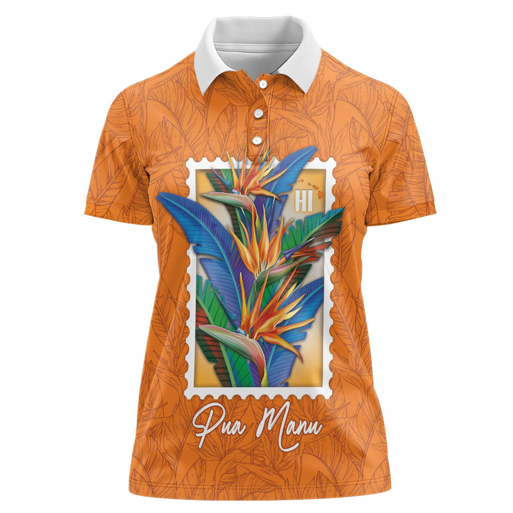 Aloha Hawaii Pua Manu Women Polo Shirt Hawaiian Bird of Paradise Flowers Stylized Stamp LT14 Female Orange - Polynesian Pride