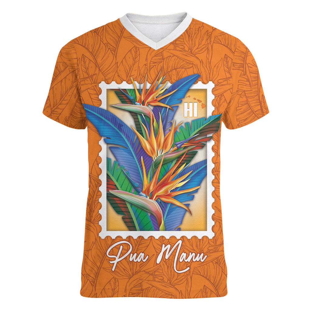 Aloha Hawaii Pua Manu Women V-Neck T-Shirt Hawaiian Bird of Paradise Flowers Stylized Stamp LT14 Female Orange - Polynesian Pride