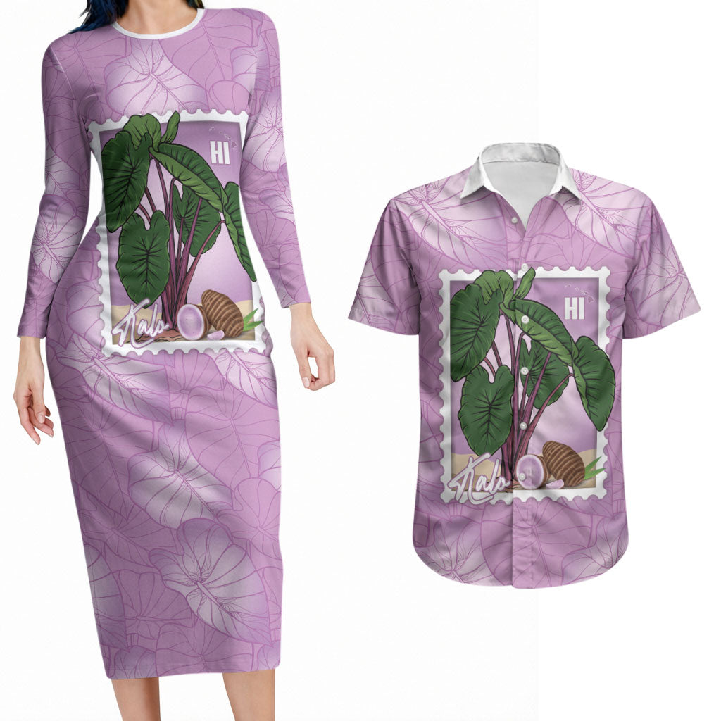 Aloha Hawaii Kalo Couples Matching Long Sleeve Bodycon Dress and Hawaiian Shirt Hawaiian Taro Leaves Stylized Stamp LT14 Purple - Polynesian Pride