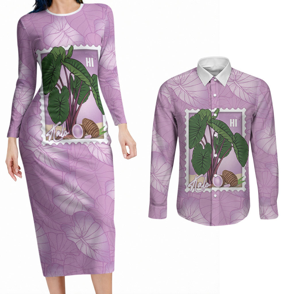 Aloha Hawaii Kalo Couples Matching Long Sleeve Bodycon Dress and Long Sleeve Button Shirt Hawaiian Taro Leaves Stylized Stamp