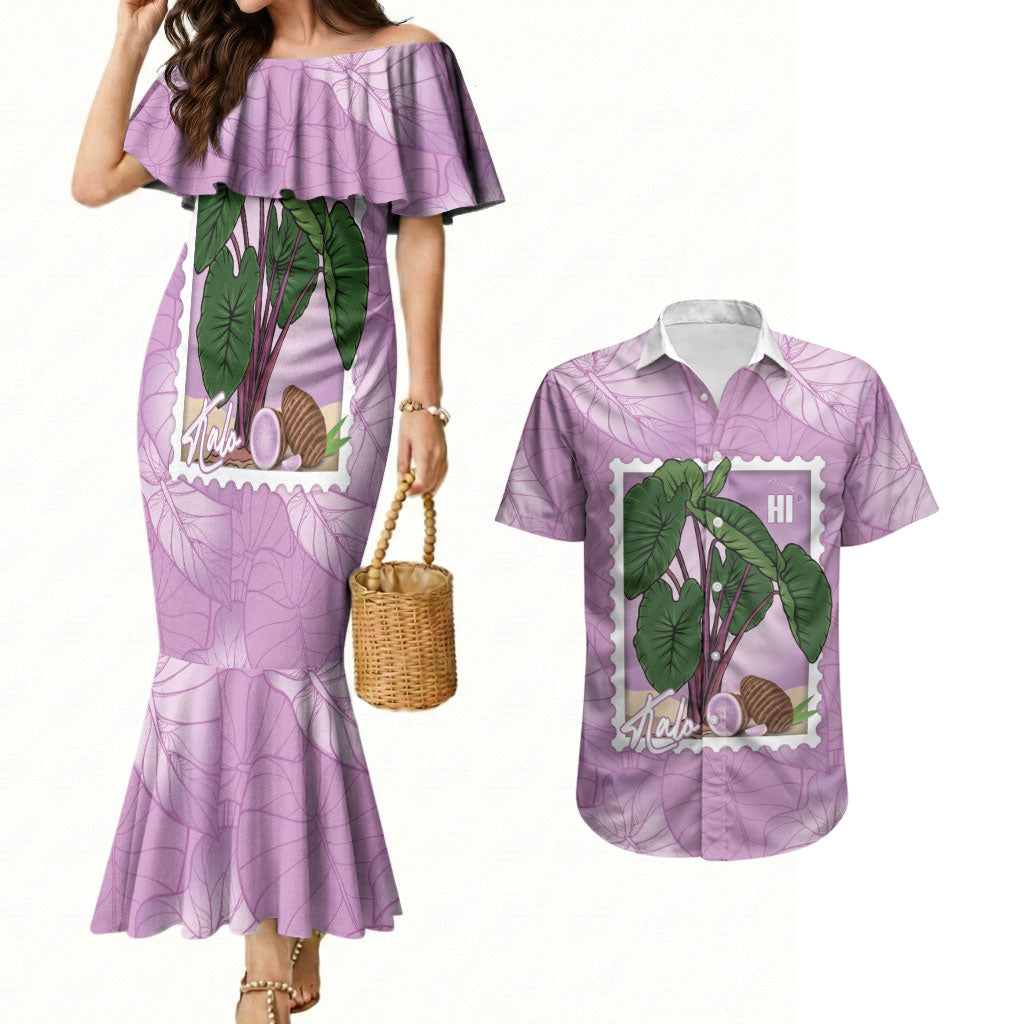 Aloha Hawaii Kalo Couples Matching Mermaid Dress and Hawaiian Shirt Hawaiian Taro Leaves Stylized Stamp LT14 Purple - Polynesian Pride