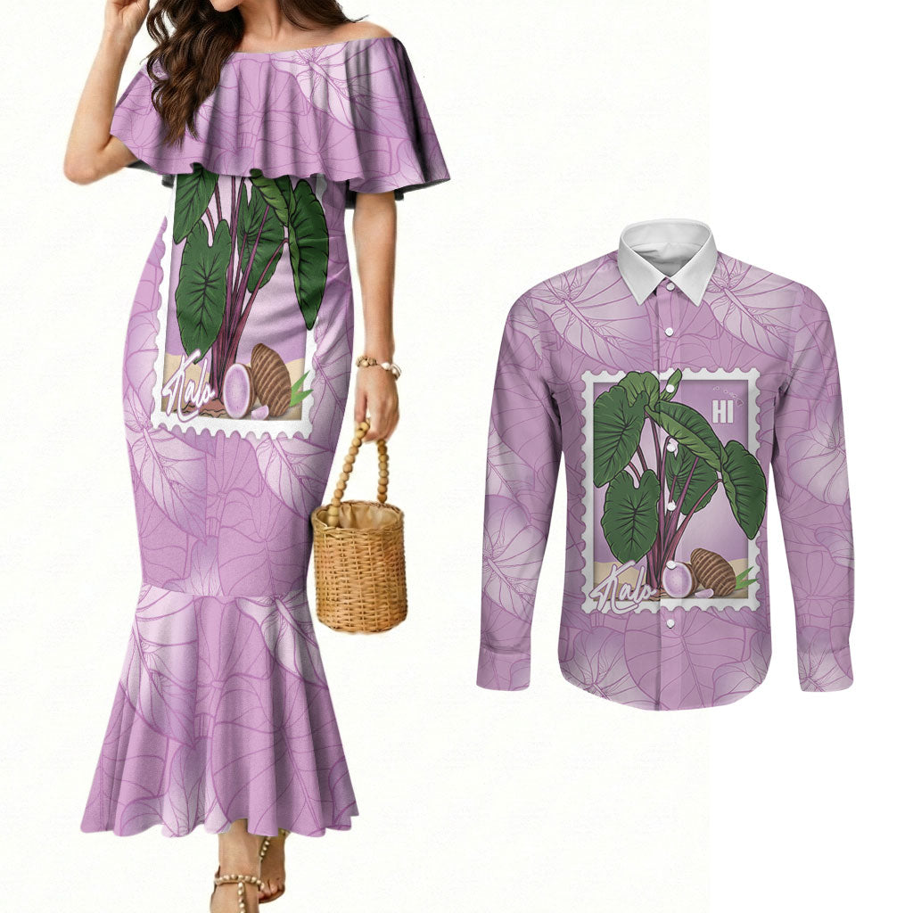Aloha Hawaii Kalo Couples Matching Mermaid Dress and Long Sleeve Button Shirt Hawaiian Taro Leaves Stylized Stamp LT14 Purple - Polynesian Pride
