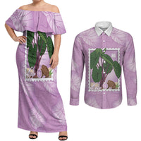 Aloha Hawaii Kalo Couples Matching Off Shoulder Maxi Dress and Long Sleeve Button Shirt Hawaiian Taro Leaves Stylized Stamp LT14 Purple - Polynesian Pride