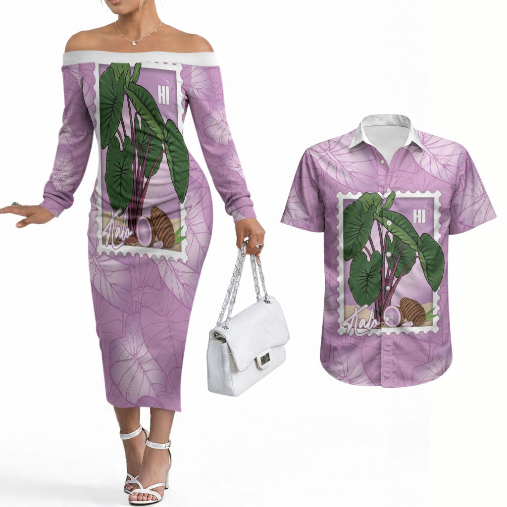 Aloha Hawaii Kalo Couples Matching Off The Shoulder Long Sleeve Dress and Hawaiian Shirt Hawaiian Taro Leaves Stylized Stamp LT14 Purple - Polynesian Pride