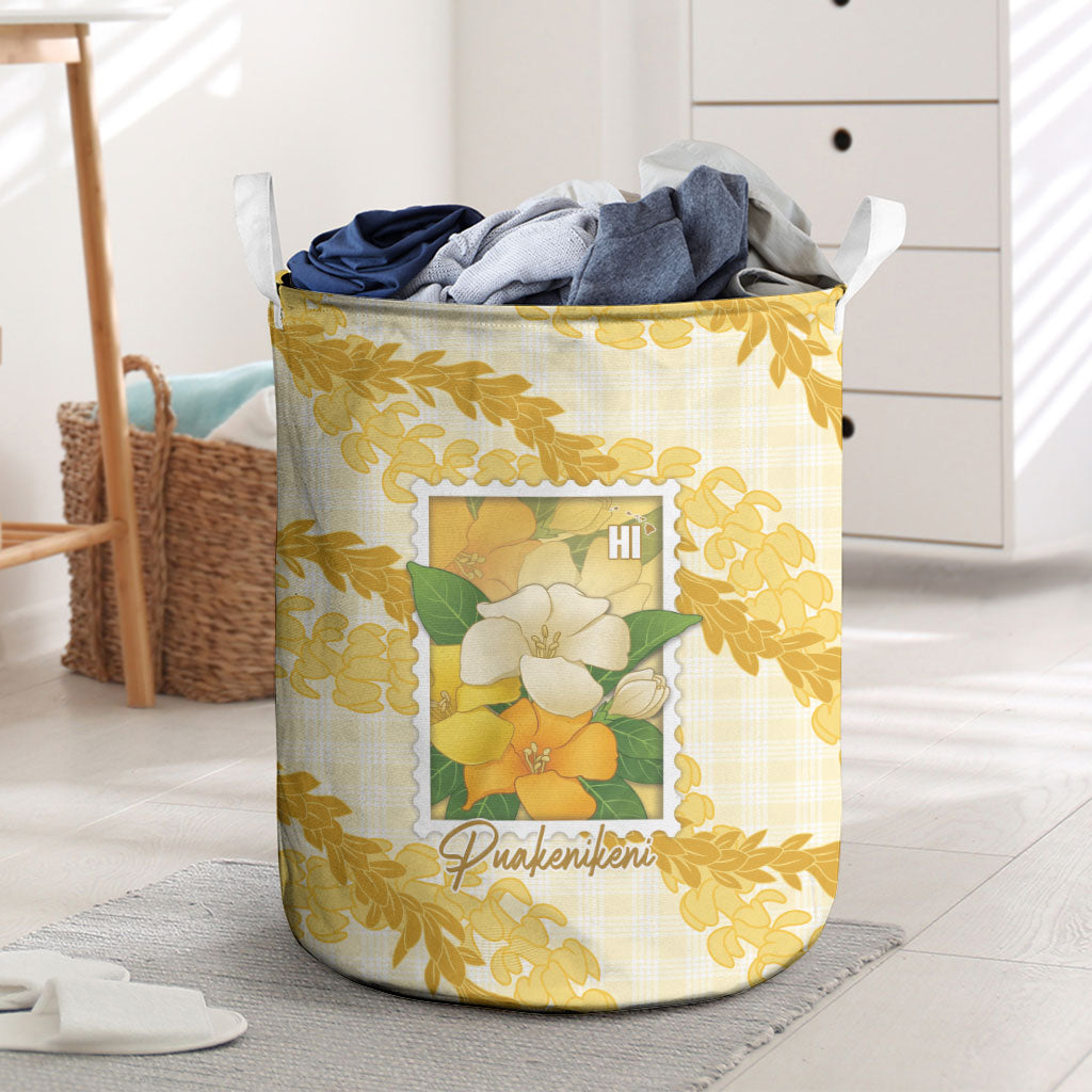 Aloha Hawaii Puakenikeni Laundry Basket Hawaiian Lei Palaka Motifs Stylized Stamp LT14 Yellow - Polynesian Pride