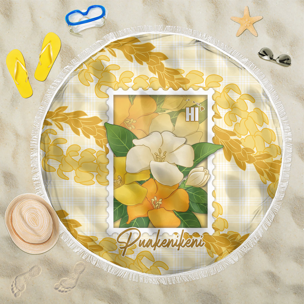Aloha Hawaii Puakenikeni Beach Blanket Hawaiian Lei Palaka Motifs Stylized Stamp LT14 One Size 150cm Yellow - Polynesian Pride