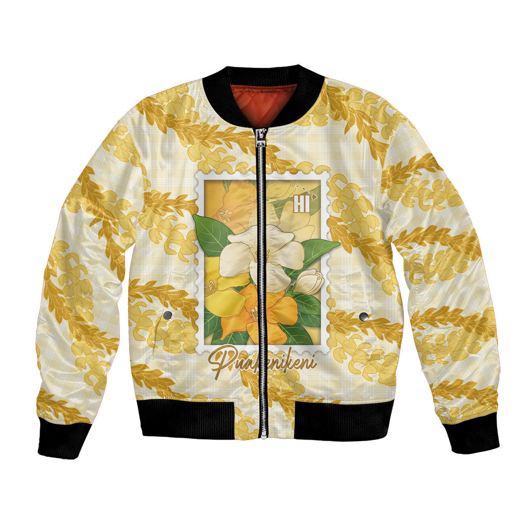 Aloha Hawaii Puakenikeni Bomber Jacket Hawaiian Lei Palaka Motifs Stylized Stamp LT14 Unisex Yellow - Polynesian Pride