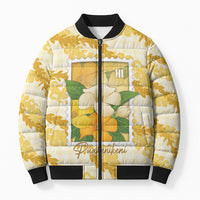 Aloha Hawaii Puakenikeni Bomber Puffer Jacket Hawaiian Lei Palaka Motifs Stylized Stamp LT14 Unisex Yellow - Polynesian Pride