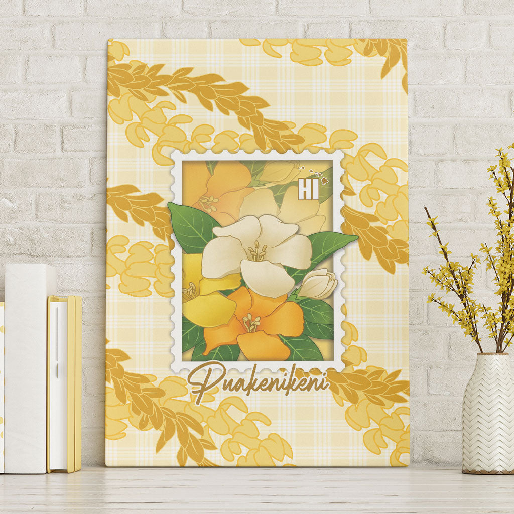 Aloha Hawaii Puakenikeni Canvas Wall Art Hawaiian Lei Palaka Motifs Stylized Stamp LT14 Without Frame Yellow - Polynesian Pride