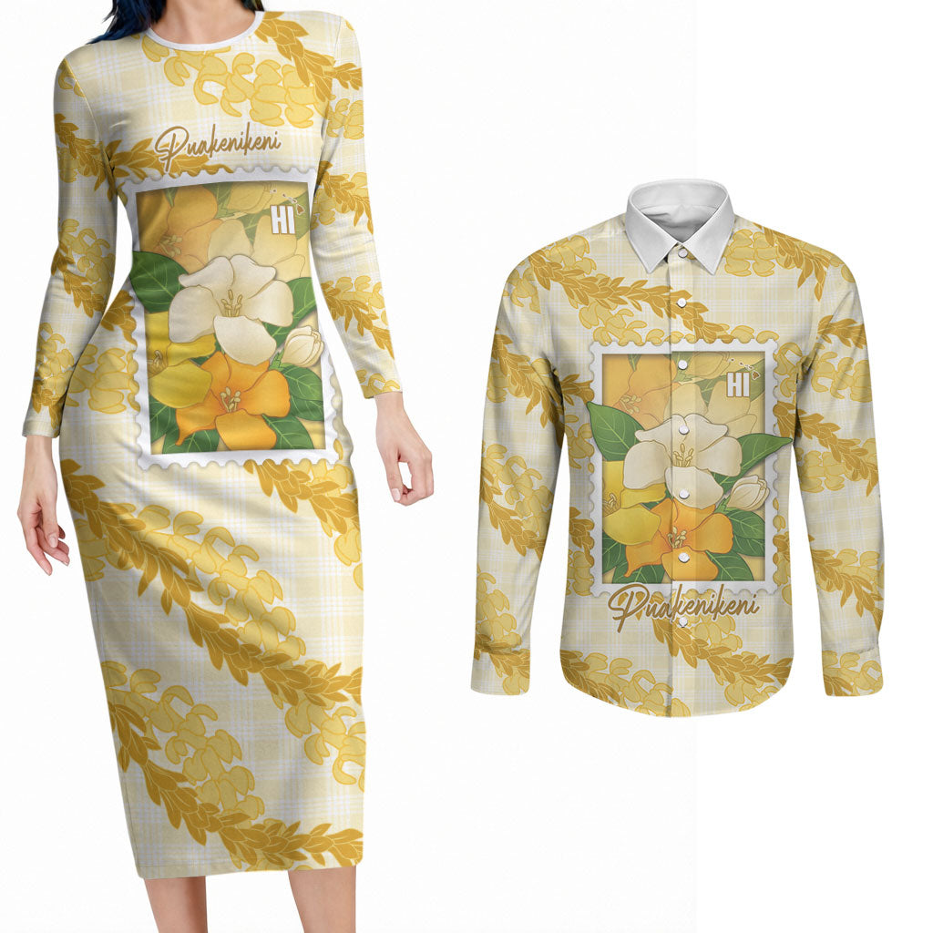 Aloha Hawaii Puakenikeni Couples Matching Long Sleeve Bodycon Dress and Long Sleeve Button Shirt Hawaiian Lei Palaka Motifs Stylized Stamp