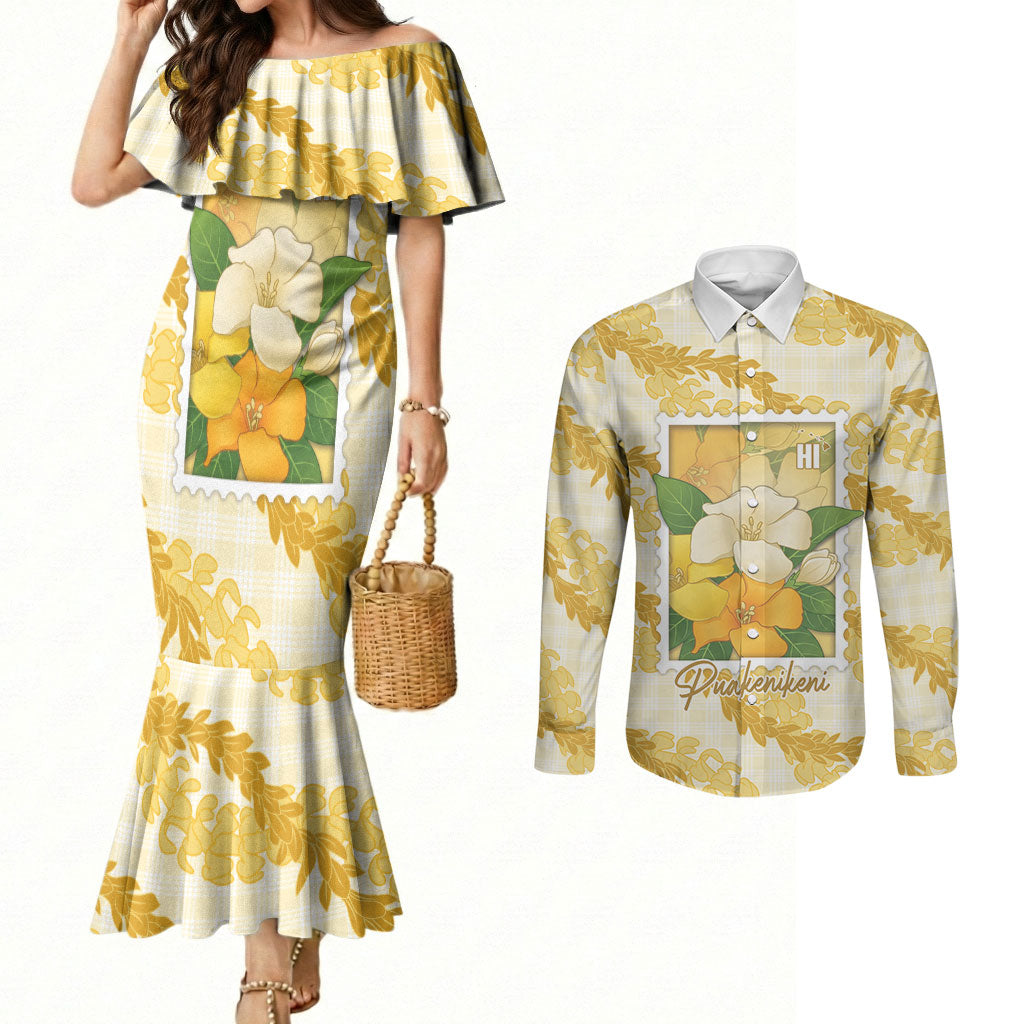 Aloha Hawaii Puakenikeni Couples Matching Mermaid Dress and Long Sleeve Button Shirt Hawaiian Lei Palaka Motifs Stylized Stamp LT14 Yellow - Polynesian Pride