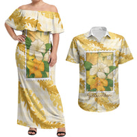 Aloha Hawaii Puakenikeni Couples Matching Off Shoulder Maxi Dress and Hawaiian Shirt Hawaiian Lei Palaka Motifs Stylized Stamp LT14 Yellow - Polynesian Pride