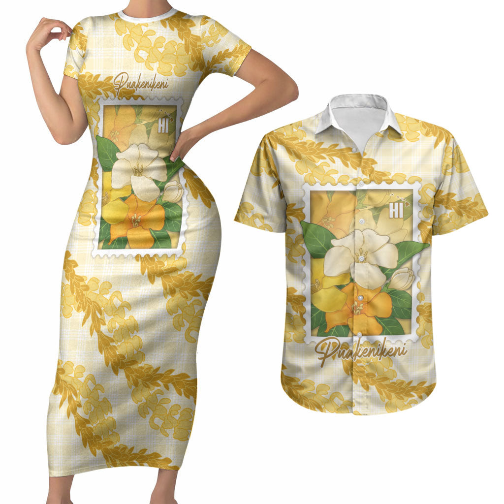 Aloha Hawaii Puakenikeni Couples Matching Short Sleeve Bodycon Dress and Hawaiian Shirt Hawaiian Lei Palaka Motifs Stylized Stamp LT14 Yellow - Polynesian Pride