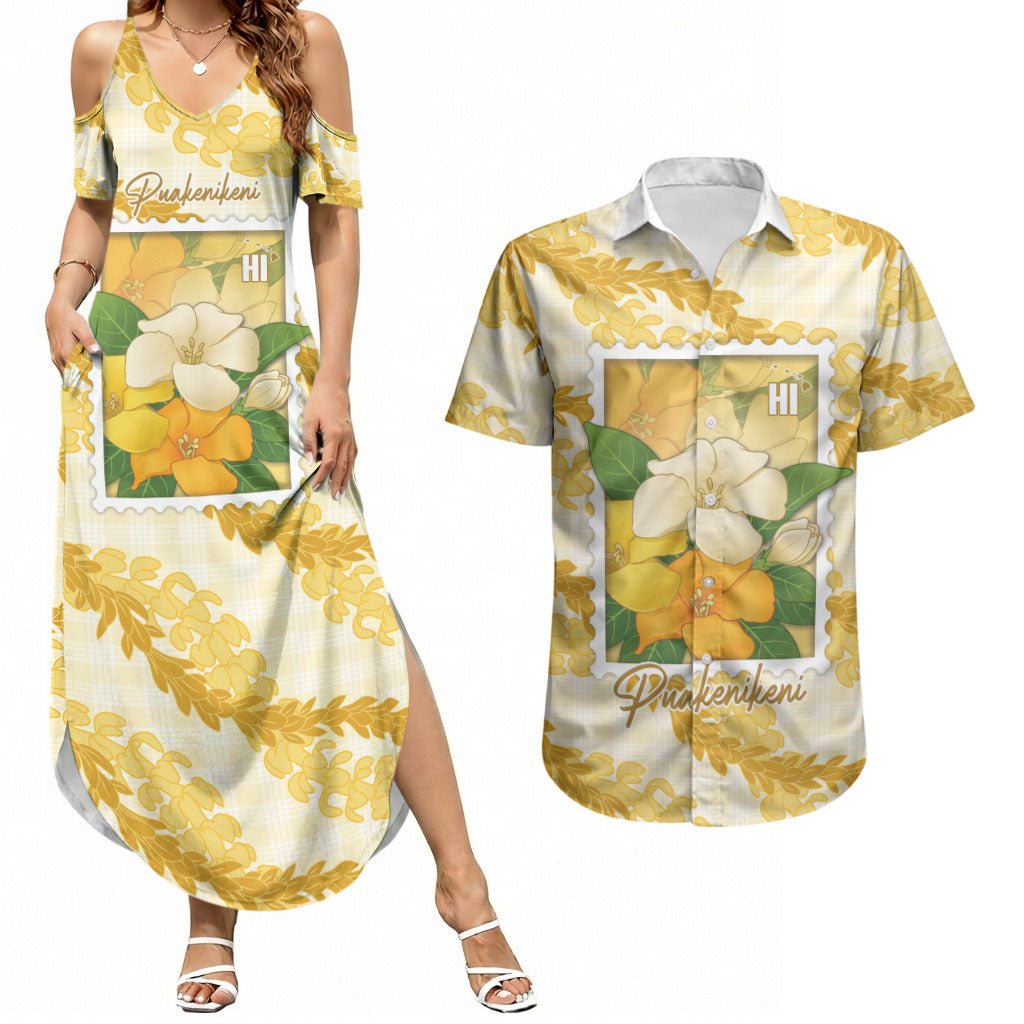 Aloha Hawaii Puakenikeni Couples Matching Summer Maxi Dress and Hawaiian Shirt Hawaiian Lei Palaka Motifs Stylized Stamp LT14 Yellow - Polynesian Pride